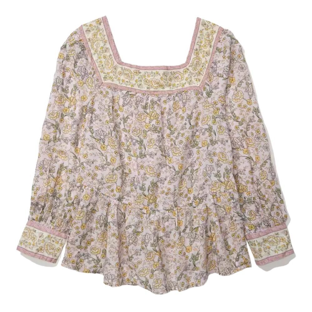 American Eagle NWT 100% cotton squ neck L/S peasant blouse